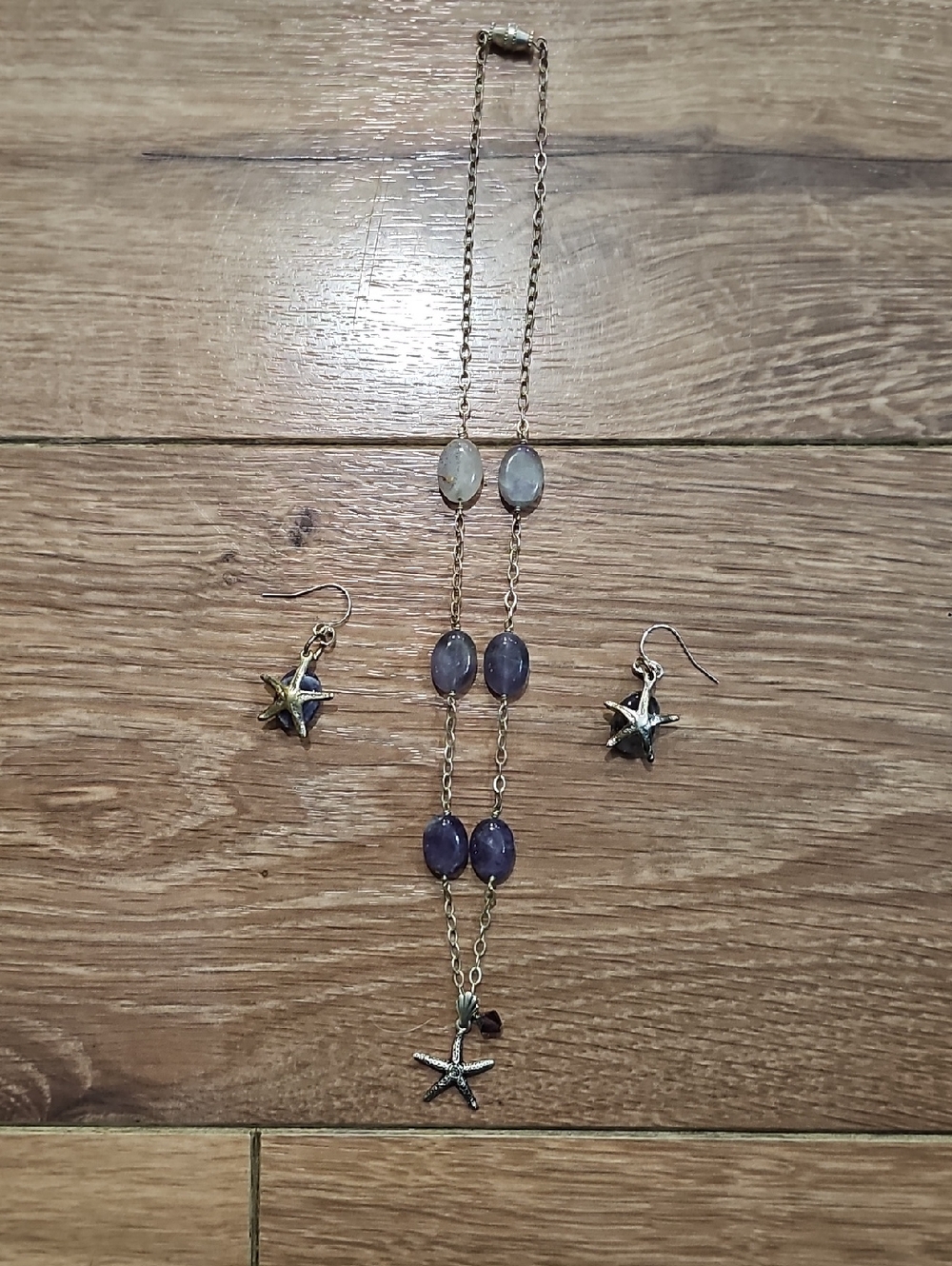 Silver-Tone Starfish Necklace & Earring Set with Purple Gemstones